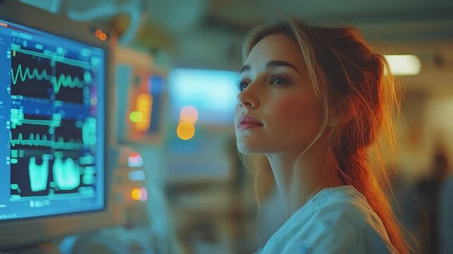Focused Care: A dedicated female healthcare professional intently monitors patient vital signs on a medical monitor in a modern hospital setting, reflecting unwavering commitment to well-being.