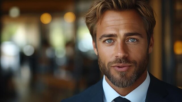 Confident Man's Portrait: Captivating close-up of a handsome man with striking eyes, exuding confidence and charisma, with a background that suggests a setting of sophistication and relaxed business