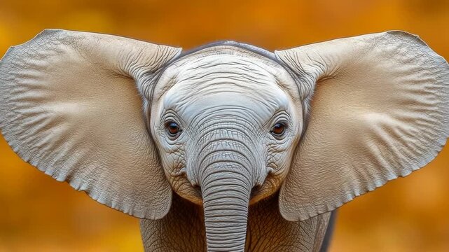 A front-facing portrait of an elephant calf with huge ears and a textured trunk against orange