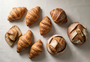 Obraz premium Flat lay modern bakery items croissants bread matte neutral background soft shadows