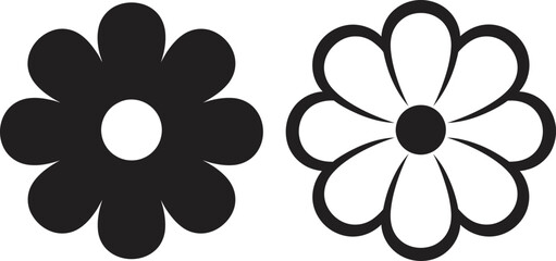 Fototapeta premium Two Simple Black and White Flower Icons for Design, Featuring Solid Silhouette and Outlined Petal Styles