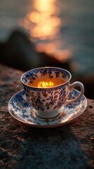 Fototapeta premium An antique porcelain teacup filled with tea reflects the warm colors of an autumn sunset