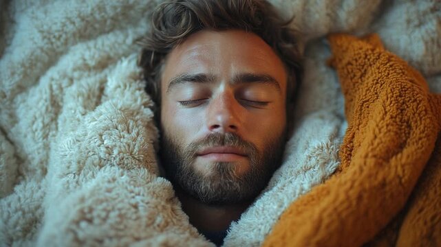 Serene Slumber: Close-up shot of a man peacefully resting, swathed in soft blankets, reflecting the tranquility and comfort of a restful sleep.
