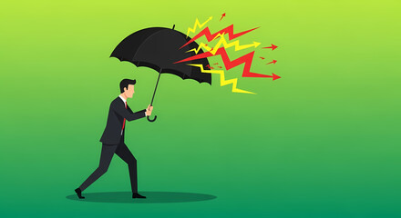 Businessman using an umbrella to shield himself from red jagged arrows representing risks and threats, illustrating the concept of protection and risk management.