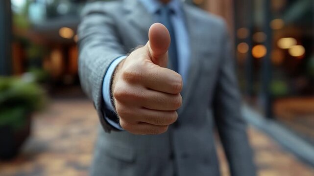 Thumbs Up Approval: A sharply dressed professional offers a confident thumbs-up gesture, symbolizing approval and agreement. Perfect for conveying a message of positivity and success.
