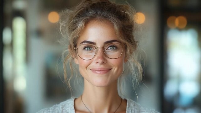 Serene Smile in Focus: A gentle smile graces the face of a woman, framed by elegant glasses, emanating warmth and approachability. The soft focus highlights her natural beauty and genuine expression.