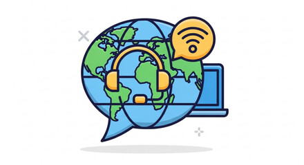 Global communication with headset laptop and wifi symbol