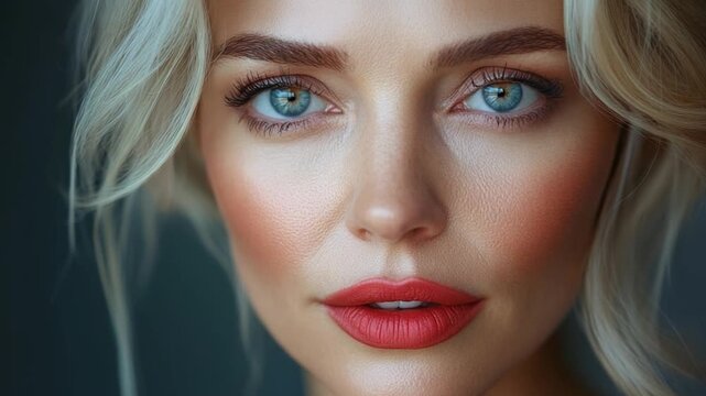 Radiant Elegance: A captivating portrait showcases a woman's serene beauty, highlighting her striking features: icy blue eyes, the luscious lips, and a complexion illuminated by a soft, natural glow.