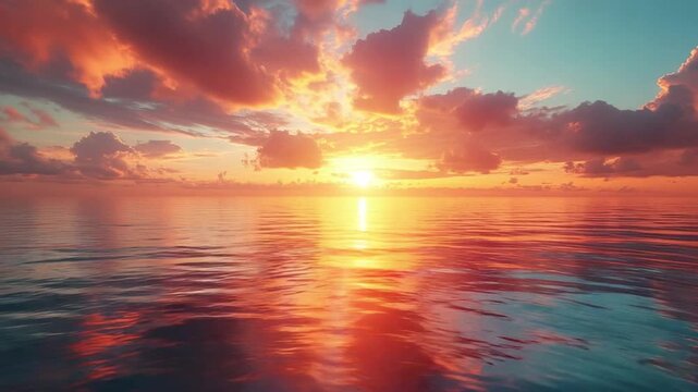 Crimson Horizon: The sun dips below the horizon, painting the sky with fiery hues and casting a golden glow over tranquil waters.