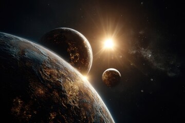 Fototapeta premium Three planets appear aligned in close proximity, with soft sunlight illuminating their surfaces from a distant star