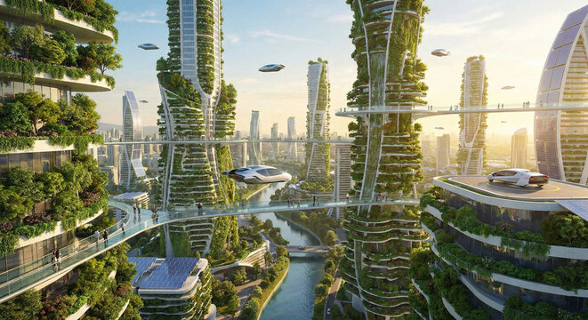 Paisaje urbano futurista con rascacielos cubiertos de jardines verticales y veh&iacute;culos el&eacute;ctricos voladores.