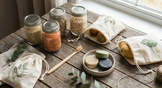 Composici&oacute;n flat lay de productos sostenibles de cero desperdicio como frascos de vidrio, bolsas de tela y cepillo de bamb&uacute;.