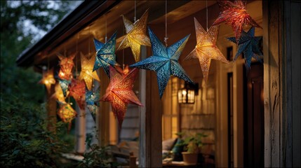 Fototapeta premium Vibrant Festive Paper Star Decorations Creating a Whimsical Night Atmosphere 