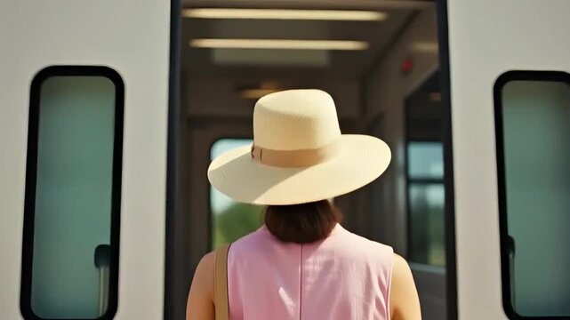 happy woman in hat with ticket and passport boarding a train
