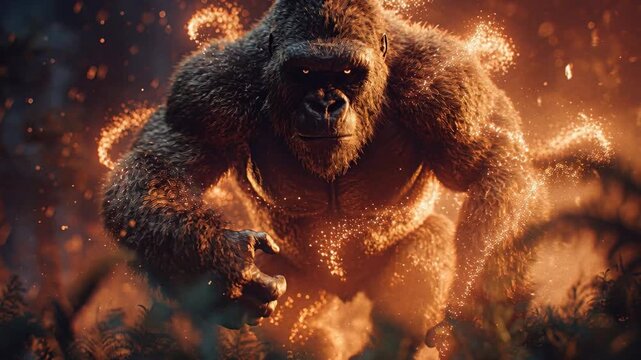 An upright, ape-like creature with fiery skin and expressive eyes stands amidst fiery embers in a forested area The creature appears to emit light or fire - AI-Generated