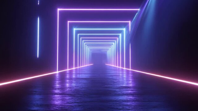 Illuminated Corridor: A mesmerizing perspective of a neon-lit tunnel, its glowing rectangles forming a captivating pathway. The vibrant lights cast an immersive atmosphere.