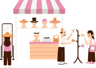 Outdoor Hat Tent Market Stall With Customers Trying Hats