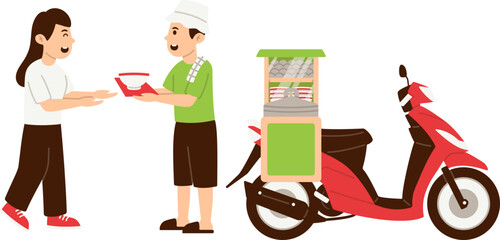 Penjual Keliling Sajikan Bakso ke Pelanggan