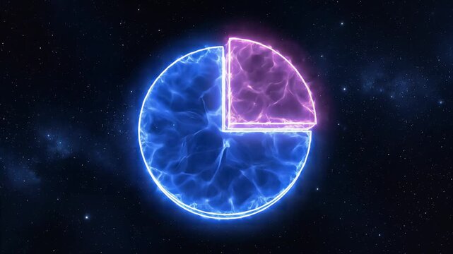 Cosmic energy bursts from core, expanding into energetic tendrils, resolving into glowing pie chart.