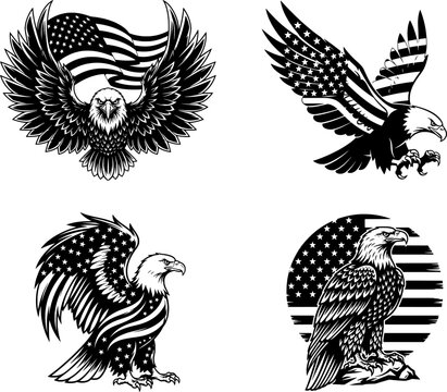 American bald eagle silhouettes with stars and stripes flag pattern