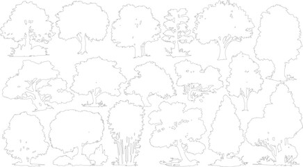 Fototapeta premium Collection of black and white outline of various trees and foliage nature