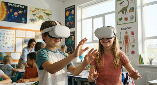 Dos ni&ntilde;os estudiantes usando gafas de realidad virtual en un aula escolar moderna y luminosa.