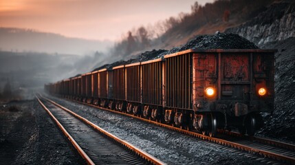 Fototapeta premium A long bituminous coal transport train laden with fuel moves along the tracks across the rural landscape with a moody, atmospheric sunset background scene.