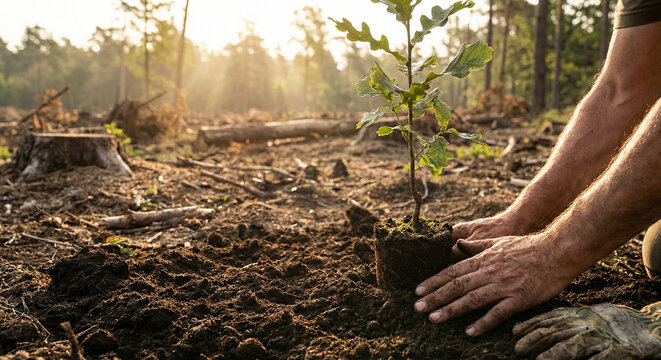 Manos plantando cuidadosamente un peque&ntilde;o &aacute;rbol joven en el suelo en una zona de reforestaci&oacute;n.