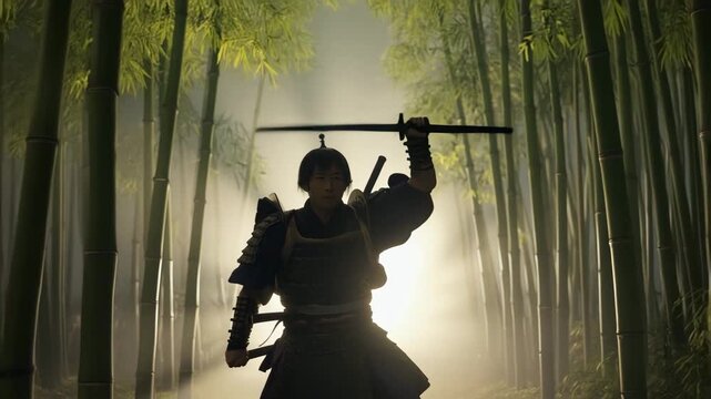 Samurai Warrior in Misty Bamboo Forest