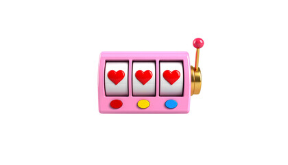 A 3D illustration of a casino slot machine with pink heart symbols isolated on a white background