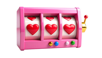 A 3D illustration of a casino slot machine with pink heart symbols isolated on a white background