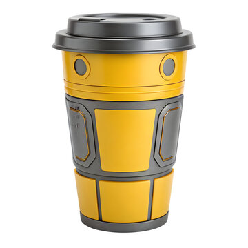 A yellow and gray robotic coffee cup on transparent background