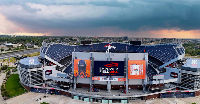 Aerial drone photo of Empower Field at Mile High in Denver Colorado