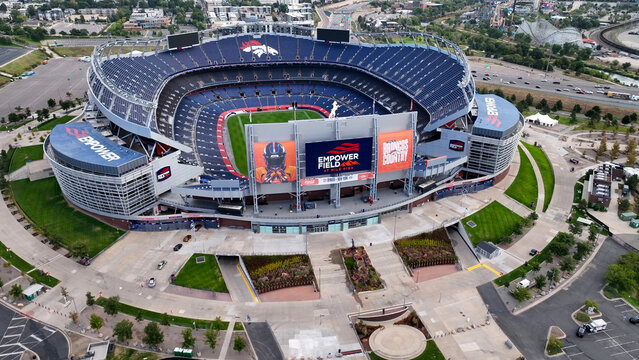 Aerial drone photo of Empower Field at Mile High in Denver Colorado