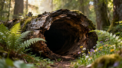 Mossy forest tree with green plants and flowers