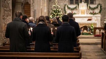 Fototapeta premium A group of people holding candles in a church during a Christmas service. The scene is decorated with a Christmas tree and festive ornaments.