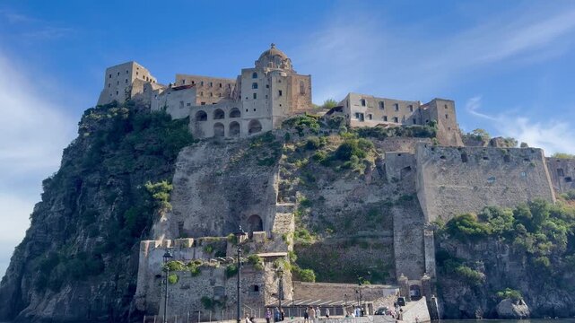 View of the Islet off the coast of Ischia, Island Italy.  The medieval Aragonese castle sits at the top of the islet.