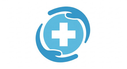 Obraz premium Blue medical cross logo with hands on a white background for healthcare