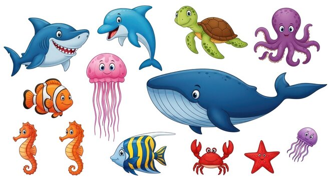 Cartoon collection of cute friendly sea animals on white background