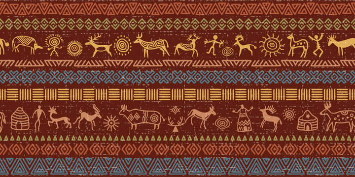 Seamless ethnic background, rock paintings and geometric ornament, naive art, vector design