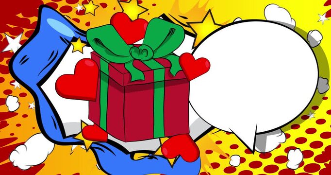 Cartoon Heart and gift box with blank speech bubble, comic book Valentine's Day video. Retro comics pop art animation.