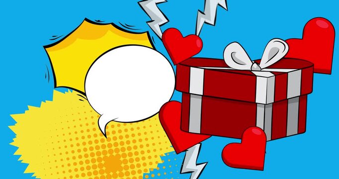 Cartoon Heart and gift box with blank speech bubble, comic book Valentine's Day video. Retro comics pop art animation.