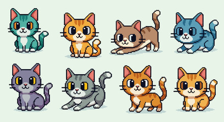 Fototapeta premium Cute Pixel Art Cat Collection: 8-Bit Kitten Sprites for Games and Digital Design