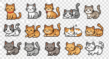 Fototapeta premium Cute Pixel Art Cat Collection: 8-Bit Kitten Sprites for Games and Digital Design