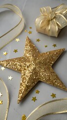 Golden glitter star sparkling particles and ribbon on gray background. luxury festive