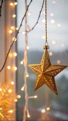 Golden hanging star ornament glowing warm light and soft bokeh background