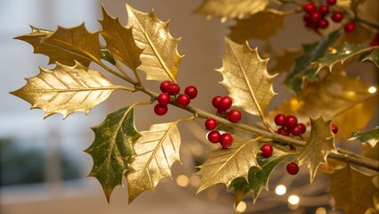 Golden holly branch berries. a festive christmas and holiday ornament