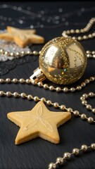 Golden star cookie. shiny bauble. and metallic bead garland on black matte background create