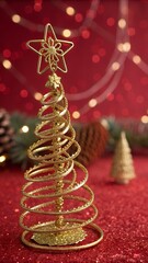 Golden Spiral Christmas Tree Ornament Red Bokeh Background and Sparkles