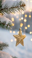 Golden star ornament hanging on a snowy christmas tree branch bokeh lights